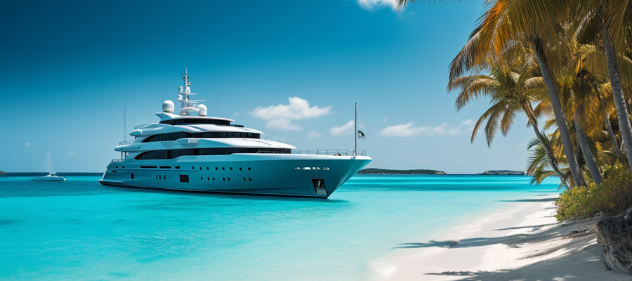 Luxury yacht sails turquoise waters, anchored in idyllic paradise generated by artificial intelligence